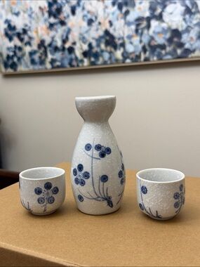Ceramic Blue Floral Sake Set - White and Blue